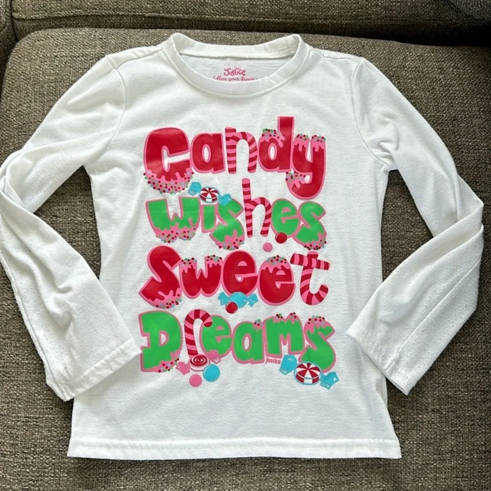 Justice Girls Holiday Green Red Candy Cane Silky pajama Pants and Top Size 6 / 7